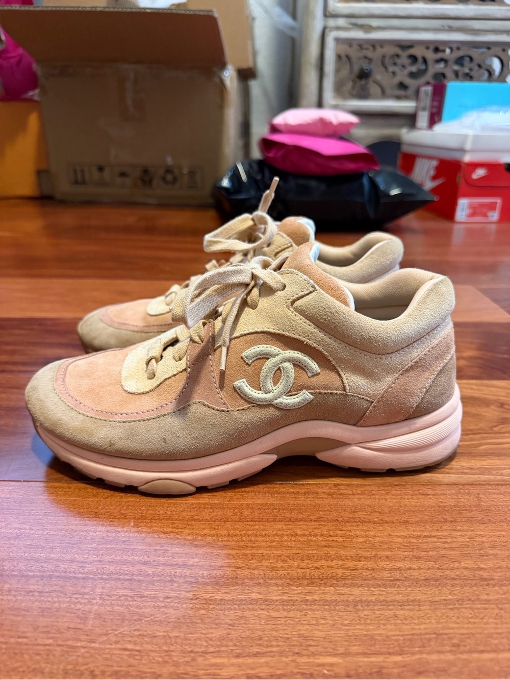 CHANEL Women's Suede Sneakers in Beige and Pink-Tan